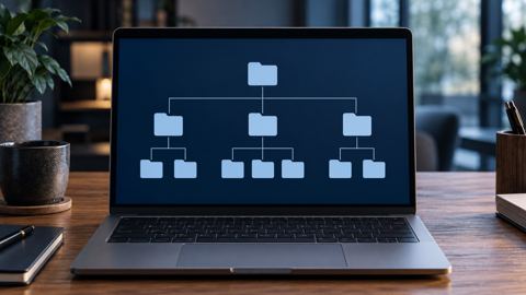 شاشة لابتوب تعرض شجرة مجلدات موقع منظمة على مكتب خشبي
