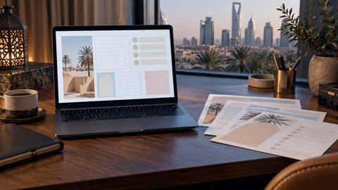 لابتوب بجانب مجموعة أوراق عمل رقمية مرتبة على مكتب منزلي