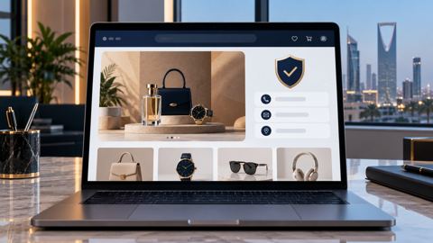 شاشة لابتوب تعرض شارة توثيق تجاري وبيانات تواصل واضحة لمتجر إلكتروني