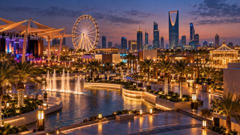ساحة مهرجان ترفيهي في الرياض وقت الغسق والعائلات تتمشى تحت الأضواء