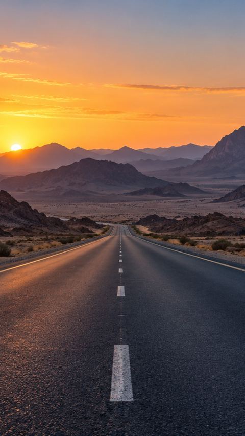 طريق، فجر، صحراء، جبال