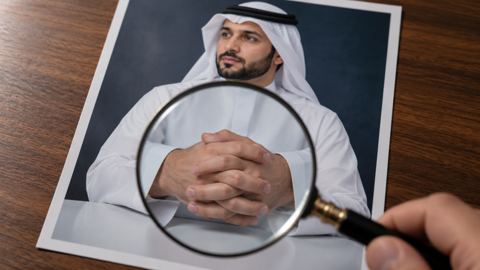 عدسة مكبرة فوق صورة شخص مطبوعة لفحص اليدين