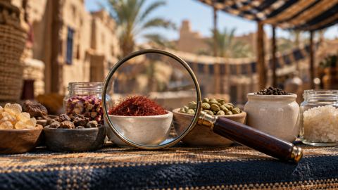 عدسة مكبرة فوق عينات منتجات صغيرة على بسطة في السوق