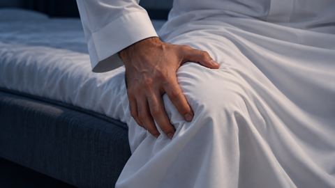 يد رجل تضغط على فخذه وهو جالس على طرف السرير