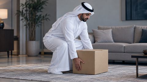 رجل بالثوب يثني ركبتيه ليرفع صندوقاً من الأرض بالطريقة الصحيحة