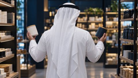 رجل بالثوب في محل يقارن بين منتجين في يديه، من الخلف