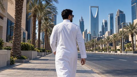 رجل بالثوب ونظارة شمسية يخرج إلى شارع مشمس في الرياض، من الخلف