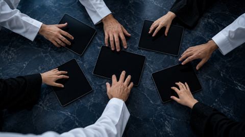 أيادٍ كثيرة تمتد لنسخ من نفس الجهاز اللوحي على طاولة، من الأعلى