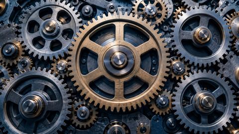 تروس كثيرة متشابكة تدور معاً على لوح