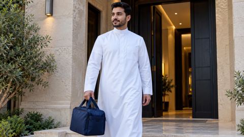 فني طبي بزي مرتب يحمل حقيبة طبية يصل إلى مدخل عمارة سكنية