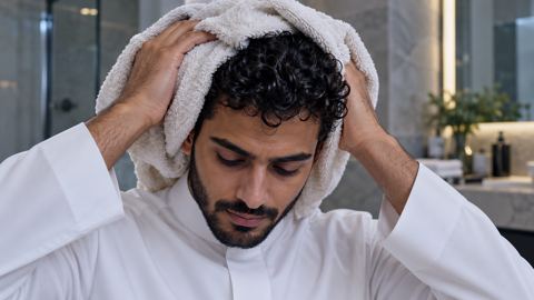 منشفة مايكروفايبر ملفوفة على شعر مجعد ويدان تضغطانها بلطف