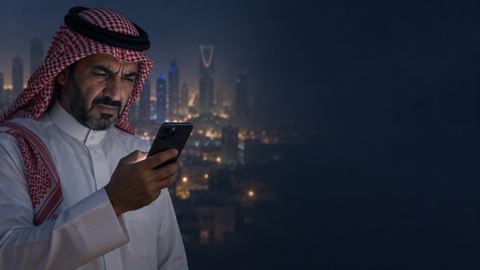 رجل سعودي في منتصف العمر بالثوب والشماغ الأحمر يضيّق عينيه ليقرأ جواله وأضواء الرياض ضبابية خلفه