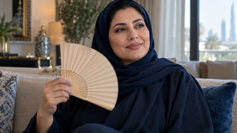امرأة سعودية في منتصف العمر تهوّي على نفسها وهي جالسة في الصالة