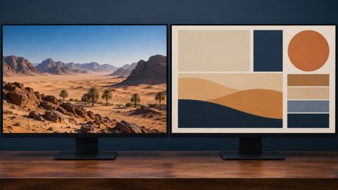 شاشتان على مكتب خشبي، واحدة بصورة منظر خام والأخرى بتصميم ملصق منظم