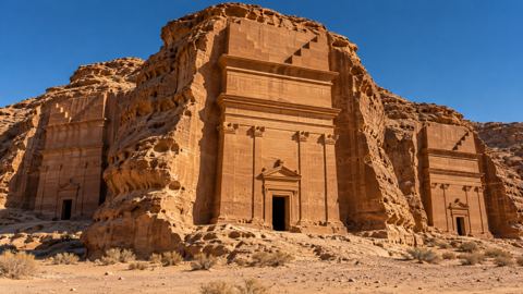 مقابر نبطية ضخمة منحوتة في الصخر بالحِجر في العلا تحت سماء زرقاء