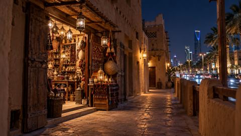 زقاق ضيق هادئ فيه محل صغير مضاء ليلاً بجانب شارع رئيسي مزدحم في الرياض القديمة