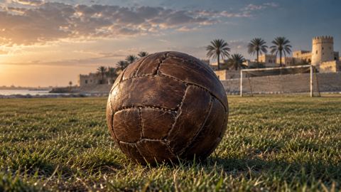 ملعب كرة قدم بطابع قديم من السبعينات وكرة جلدية كلاسيكية على العشب