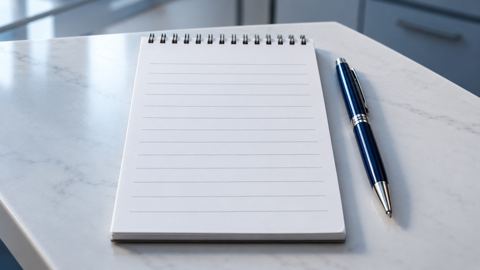 مفكرة فيها قائمة قصيرة وقلم على مكتب العيادة