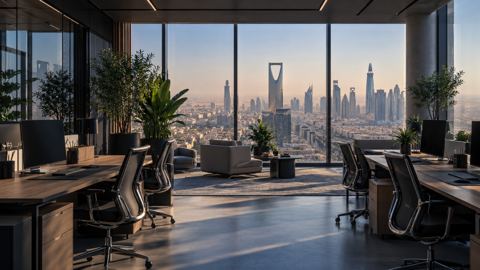مكتب حديث لمصممين بنباتات كبيرة وأفق الرياض من النافذة