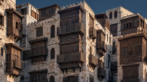 بيوت جدة البلد القديمة من الحجر المرجاني ورواشينها الخشبية