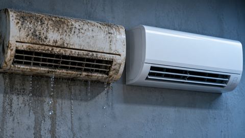 مكيف قديم مغبر يقطر الماء على الجدار بجانب وحدة جديدة نظيفة