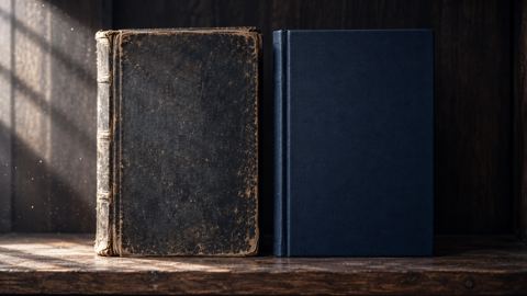 كتاب قواعد قديم مغبر على رف بجانب كتاب جديد