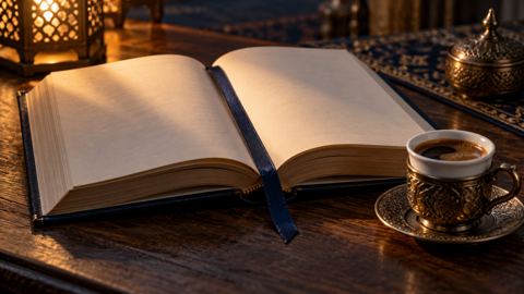 قهوة عربية، كتاب، يقرأ، طاولة