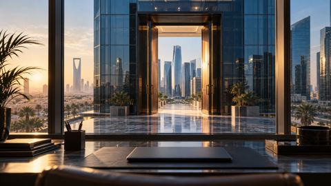 باب مبنى في الخارج يظهر من مكتب في الرياض عبر النافذة