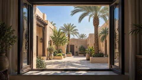 نافذة سكنية مفتوحة تطل مباشرة على فناء خارجي في السعودية