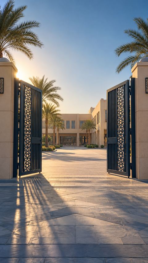 مدرسة، بوابة، صباح، لوحة
