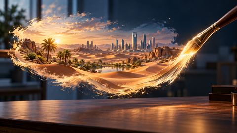 فرشاة مغموسة بالضوء ترسم منظراً طبيعياً في الهواء فوق مكتب