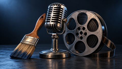 فرشاة رسم ومايكروفون وبكرة فيلم على طاولة داكنة