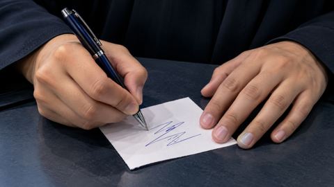 يدان تجربان قلماً جديداً على ورقة قبل الشراء