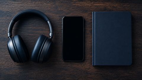 سماعات رأس وجوال ودفتر على مكتب منزلي، من الأعلى
