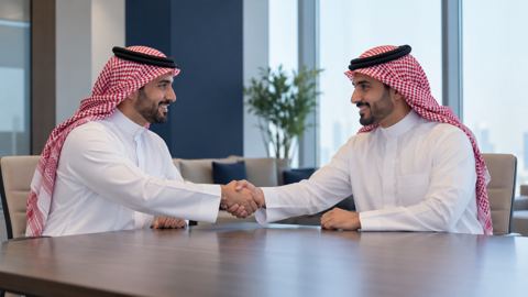 شريكان مؤسسان سعوديان يتصافحان عبر طاولة اجتماعات في مكتب مضيء