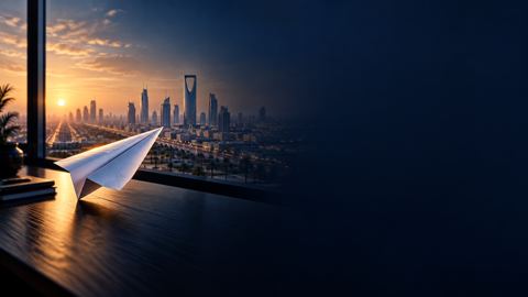 طائرة ورقية تنطلق من مكتب نحو نافذة تطل على أفق الرياض عند الفجر