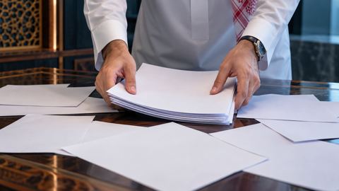 يدان تجمعان أوراقاً متناثرة على المكتب في كومة مرتبة