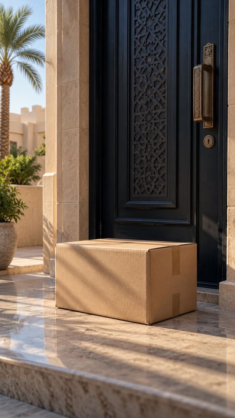 طرد ينتظر عند الباب الأمامي في ضوء الصباح