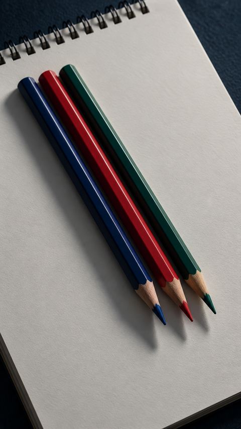 ثلاثة أقلام بألوان مختلفة على كراسة رسم فارغة