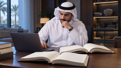 شخص يدقق ويحرر مسودة مكتوبة بالذكاء الاصطناعي وأمامه كتب مراجع