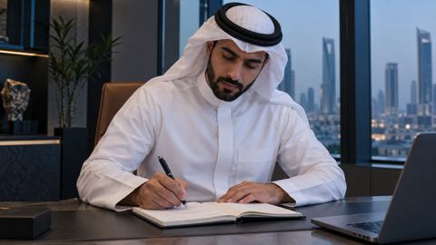 شخص يكتب شروط المشروع ومخرجاته بوضوح في دفتر أثناء اجتماع عمل