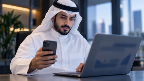 شخص في مكتب سعودي يبحث عن بيانات السجل التجاري في البوابة الرسمية بالجوال واللابتوب