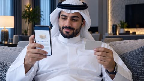 شخص يجرّب خطوات الدفع على الجوال ويمسك بطاقة دفع