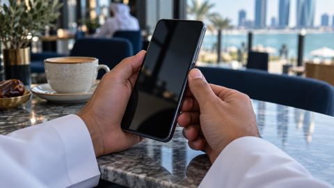 شخص يفتح جواله ببصمة الإصبع على طاولة مقهى