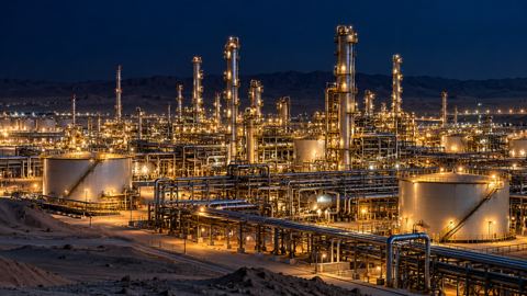 أنابيب وأبراج مصنع بتروكيماويات مضاءة ليلاً في الصحراء