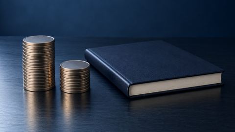 كومتا عملات بارتفاعين مختلفين على مكتب بجانب دفتر