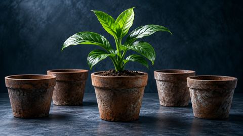 نبتة صغيرة تنمو بقوة في أصيص وبجانبها أصص فارغة
