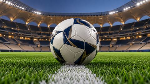 كرة قدم على خط التماس الأبيض لملعب أخضر قبل انطلاق المباراة