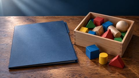 ملف متابعة على مكتب بجانب صندوق ألعاب تعليمية