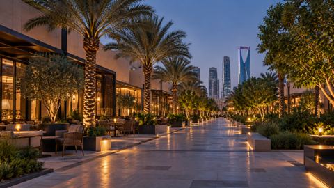 ممشى خارجي هادئ بمقاهٍ وأشجار في الرياض مساء يوم عمل